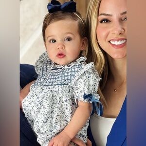 La Coqueta Blue and White Baby Dress with velvet bows